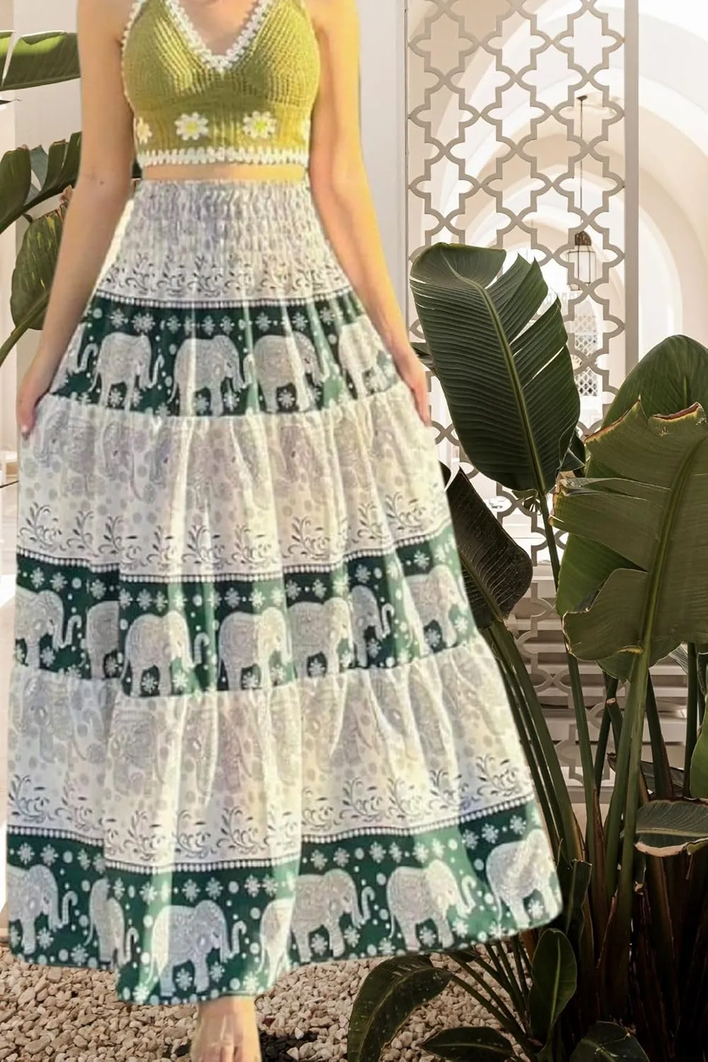 Casual Maxi High Waisted Lightweight Silky Soft Flowy Ruffle Cute Trendy Boho Hippy Long Skirts for Women, Elastic Waistband