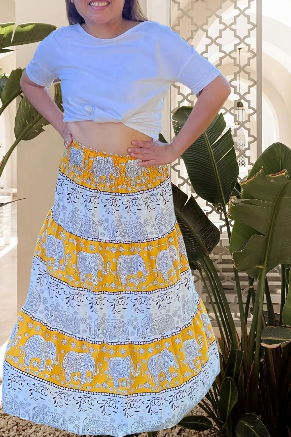 Casual Maxi High Waisted Lightweight Silky Soft Flowy Ruffle Cute Trendy Boho Hippy Long Skirts for Women, Elastic Waistband