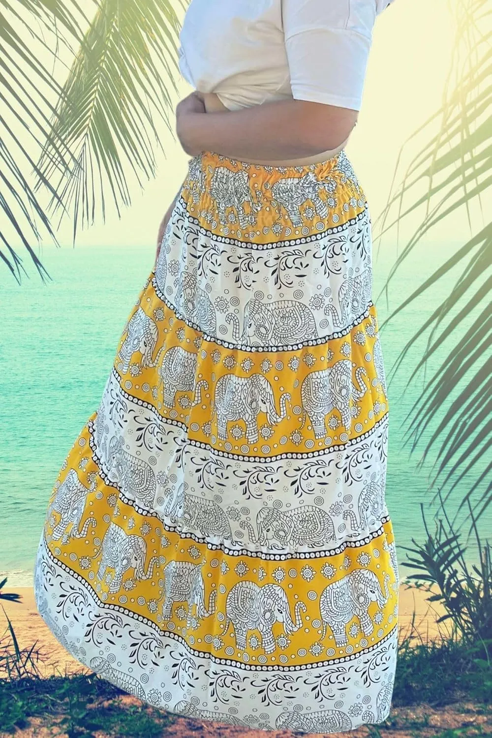 Casual Maxi High Waisted Lightweight Silky Soft Flowy Ruffle Cute Trendy Boho Hippy Long Skirts for Women, Elastic Waistband