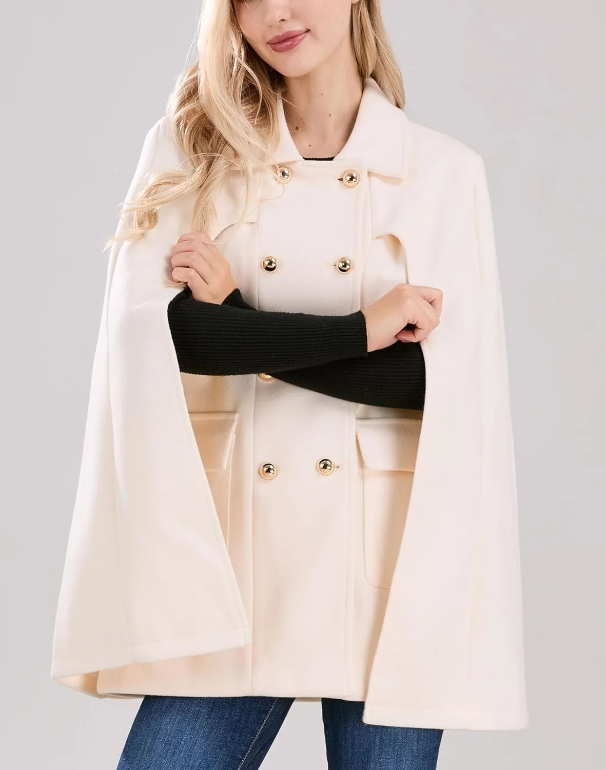 CHARTOU Women's Elegant Poncho Double-Breast Slit Sleeve Flowy Wool Blend Cape Cloak Coat