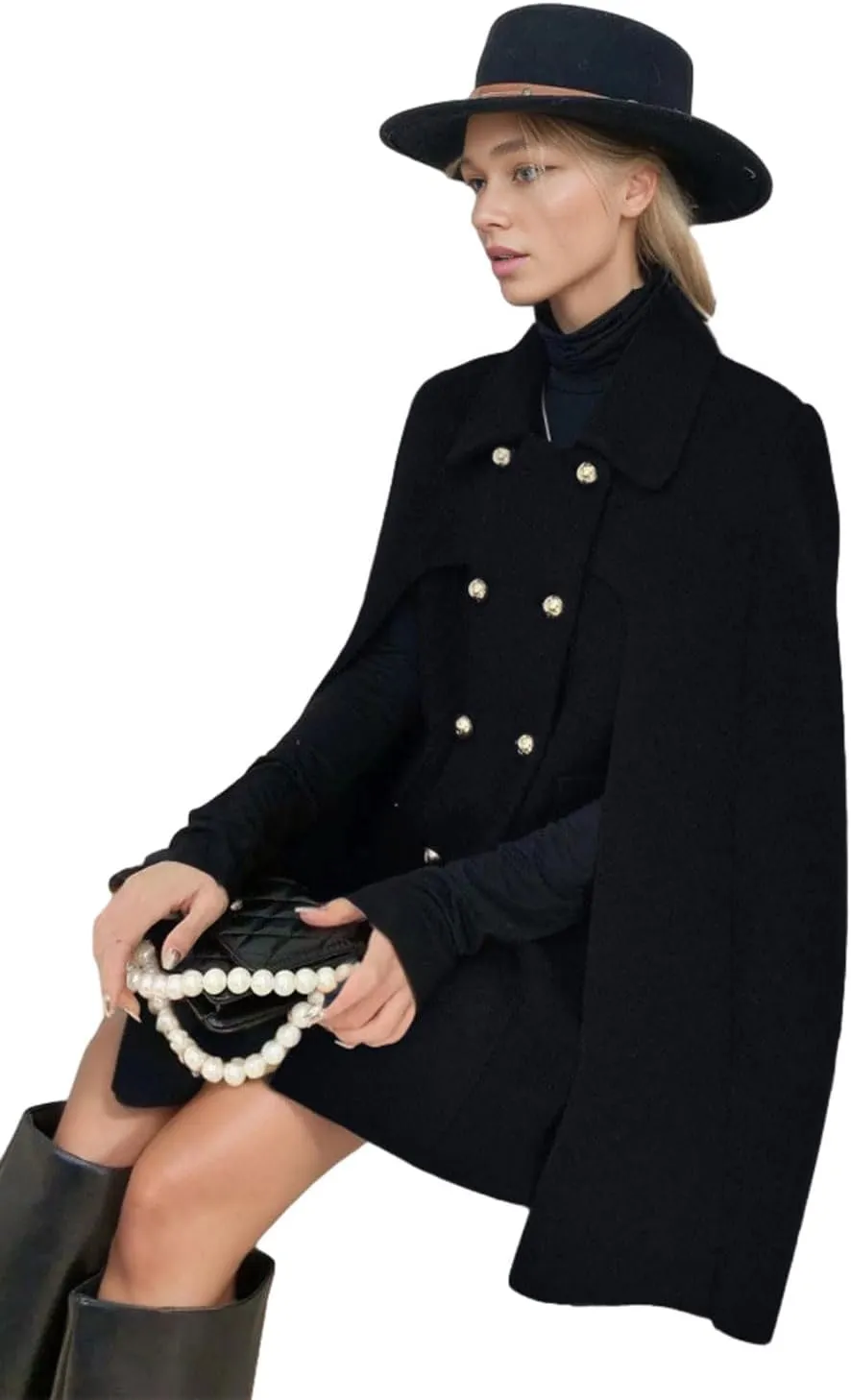 CHARTOU Women's Elegant Poncho Double-Breast Slit Sleeve Flowy Wool Blend Cape Cloak Coat