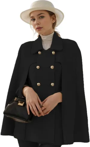 CHARTOU Women's Elegant Poncho Double-Breast Slit Sleeve Flowy Wool Blend Cape Cloak Coat