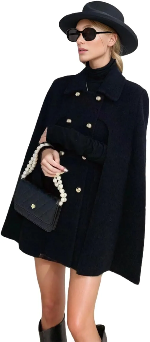 CHARTOU Women's Elegant Poncho Double-Breast Slit Sleeve Flowy Wool Blend Cape Cloak Coat