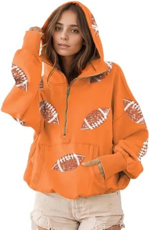 CHARTOU Women's Oversized Half Zip Hoodie Quarter Zip Rugby Sequin Hooded Pullover Sweatshirt Jacket