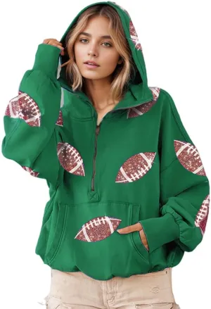 CHARTOU Women's Oversized Half Zip Hoodie Quarter Zip Rugby Sequin Hooded Pullover Sweatshirt Jacket