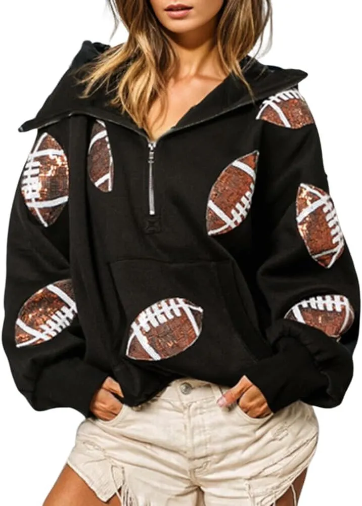 CHARTOU Women's Oversized Half Zip Hoodie Quarter Zip Rugby Sequin Hooded Pullover Sweatshirt Jacket