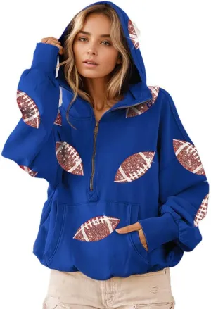 CHARTOU Women's Oversized Half Zip Hoodie Quarter Zip Rugby Sequin Hooded Pullover Sweatshirt Jacket