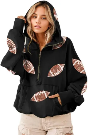 CHARTOU Women's Oversized Half Zip Hoodie Quarter Zip Rugby Sequin Hooded Pullover Sweatshirt Jacket