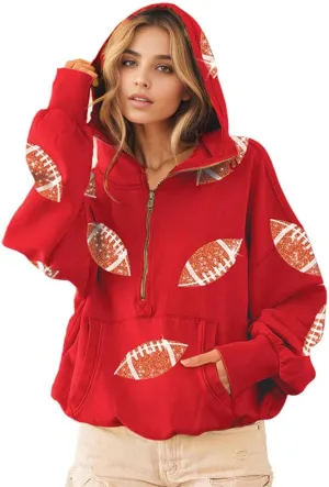 CHARTOU Women's Oversized Half Zip Hoodie Quarter Zip Rugby Sequin Hooded Pullover Sweatshirt Jacket