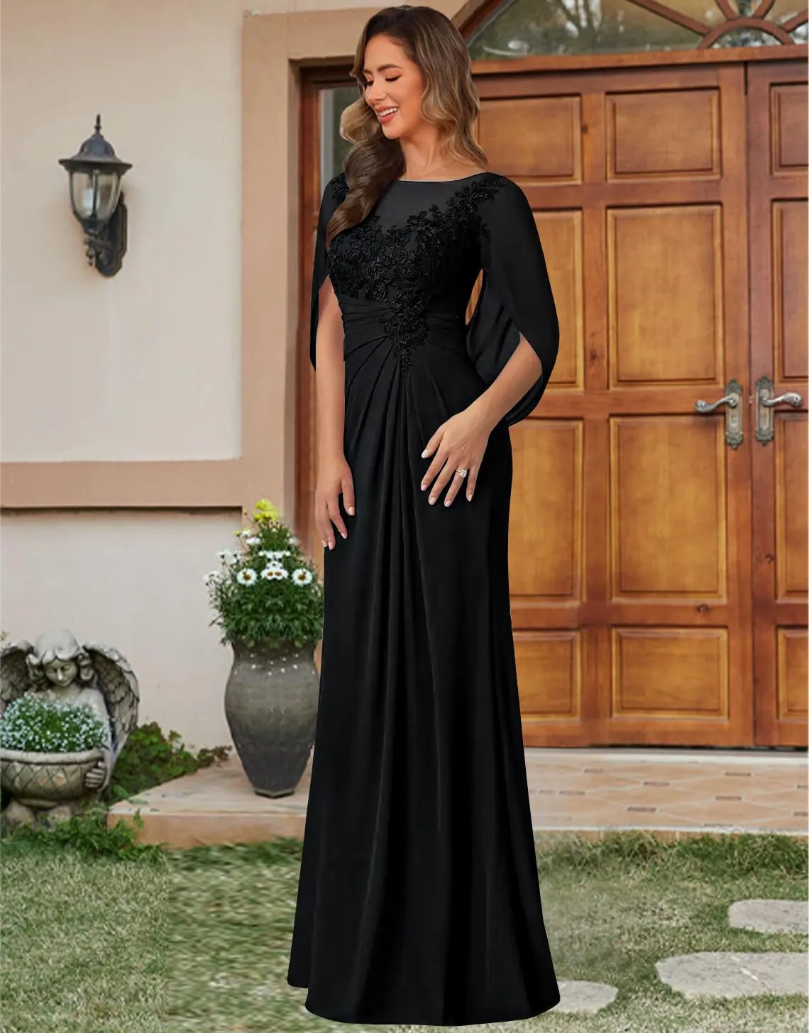 Chiffon Long Mother of The Bride Dresses for Wedding Lace Appliques Formal Dress with Cape Corset Evening Gowns