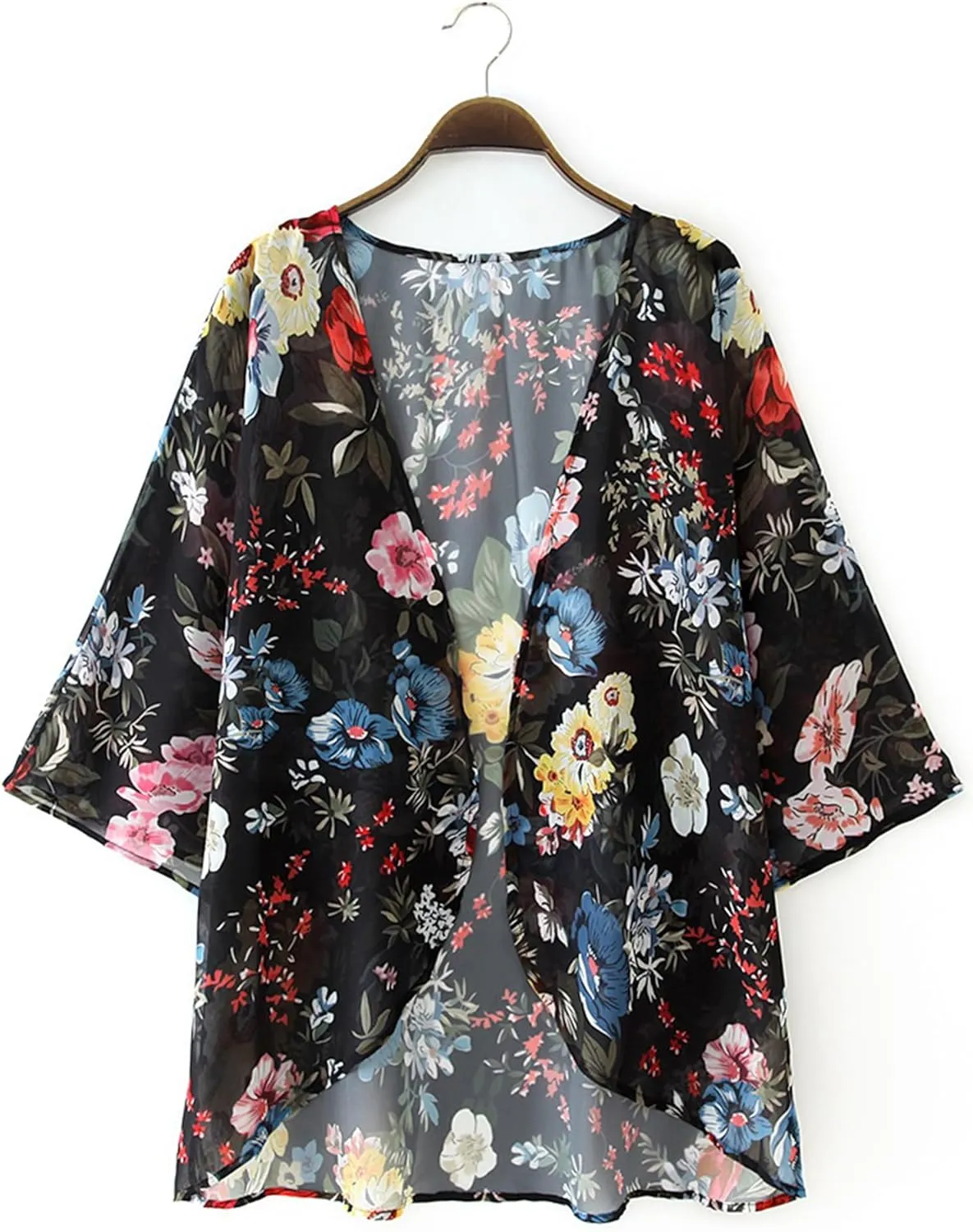 Chunoy Women Floral Print Lightweight Chiffon Kimono Cardigan Short Sleeve Loose Beach Wear Cover Up Blouse Top