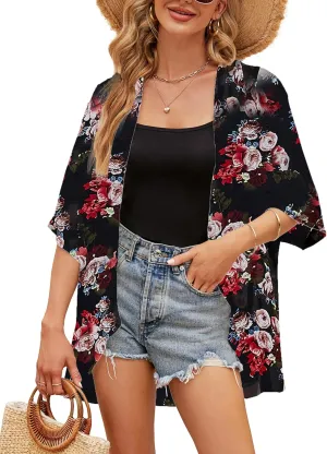 Chunoy Women Floral Print Lightweight Chiffon Kimono Cardigan Short Sleeve Loose Beach Wear Cover Up Blouse Top