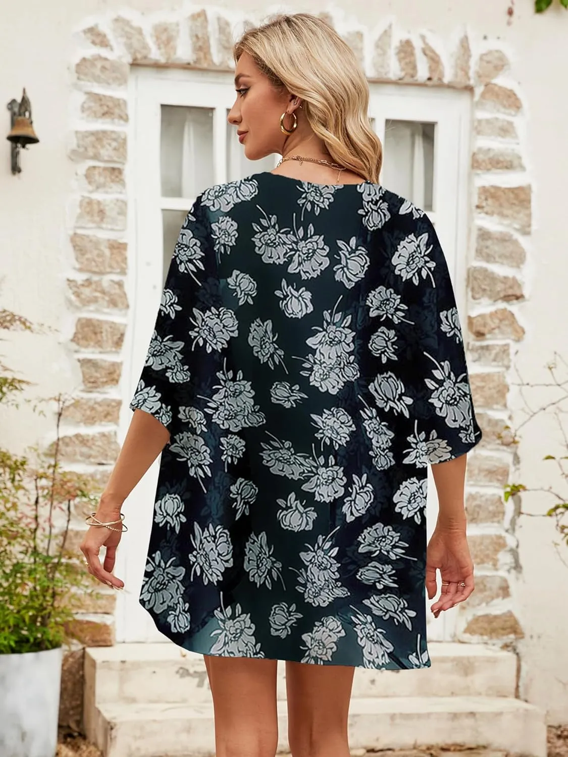 Chunoy Women Floral Print Lightweight Chiffon Kimono Cardigan Short Sleeve Loose Beach Wear Cover Up Blouse Top