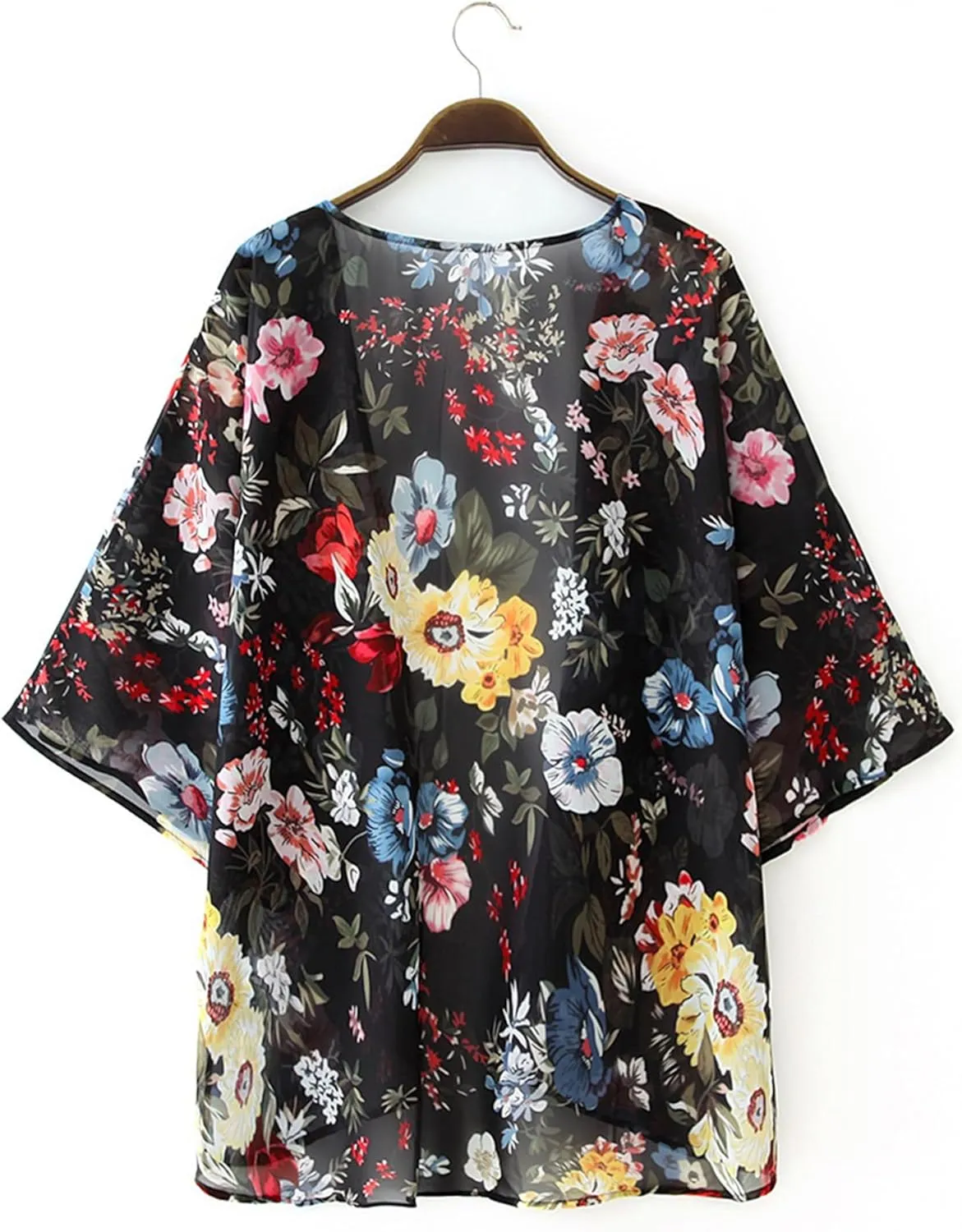 Chunoy Women Floral Print Lightweight Chiffon Kimono Cardigan Short Sleeve Loose Beach Wear Cover Up Blouse Top