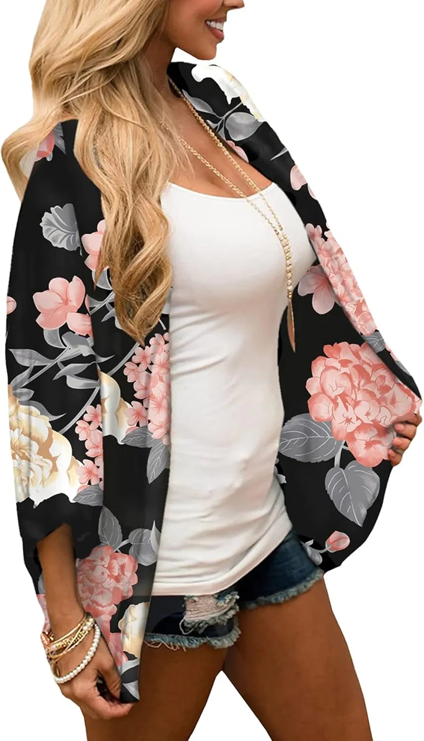 Chunoy Women Floral Print Lightweight Chiffon Kimono Cardigan Short Sleeve Loose Beach Wear Cover Up Blouse Top