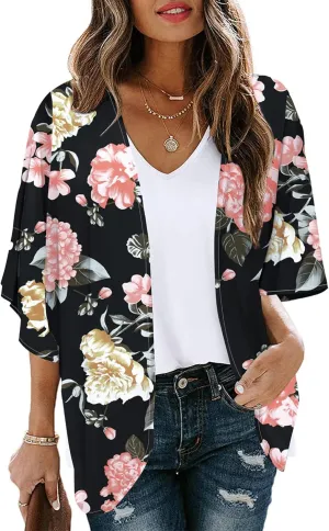 Chunoy Women Floral Print Lightweight Chiffon Kimono Cardigan Short Sleeve Loose Beach Wear Cover Up Blouse Top