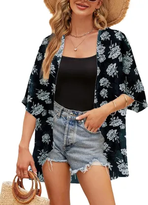 Chunoy Women Floral Print Lightweight Chiffon Kimono Cardigan Short Sleeve Loose Beach Wear Cover Up Blouse Top