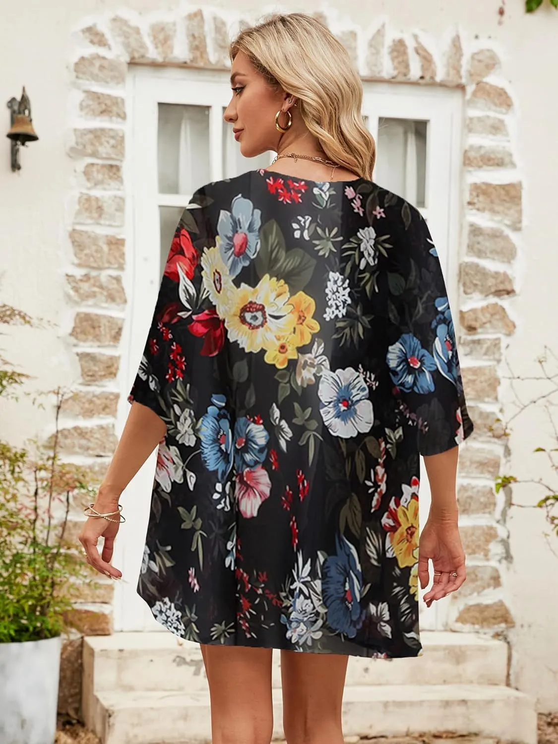 Chunoy Women Floral Print Lightweight Chiffon Kimono Cardigan Short Sleeve Loose Beach Wear Cover Up Blouse Top