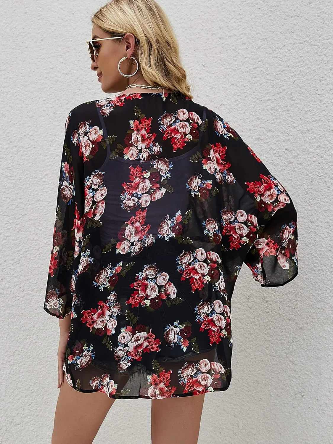 Chunoy Women Floral Print Lightweight Chiffon Kimono Cardigan Short Sleeve Loose Beach Wear Cover Up Blouse Top