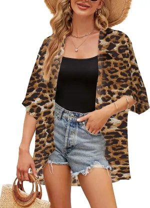 Chunoy Women Floral Print Lightweight Chiffon Kimono Cardigan Short Sleeve Loose Beach Wear Cover Up Blouse Top