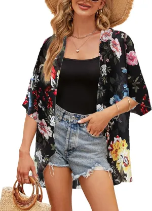 Chunoy Women Floral Print Lightweight Chiffon Kimono Cardigan Short Sleeve Loose Beach Wear Cover Up Blouse Top