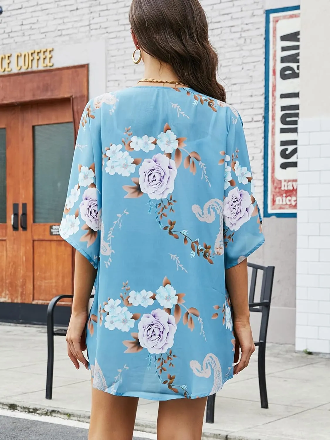 Chunoy Women Floral Print Lightweight Chiffon Kimono Cardigan Short Sleeve Loose Beach Wear Cover Up Blouse Top