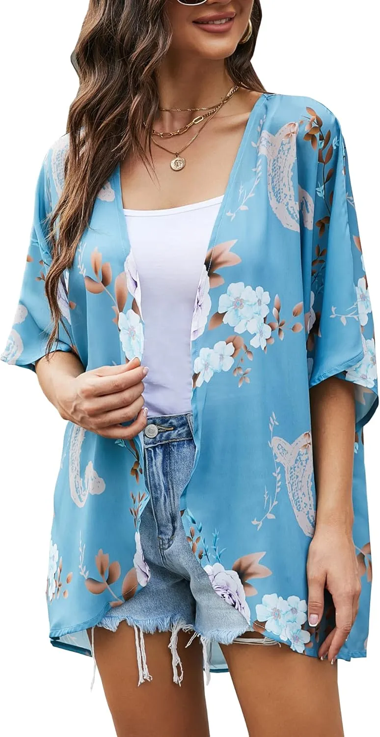 Chunoy Women Floral Print Lightweight Chiffon Kimono Cardigan Short Sleeve Loose Beach Wear Cover Up Blouse Top