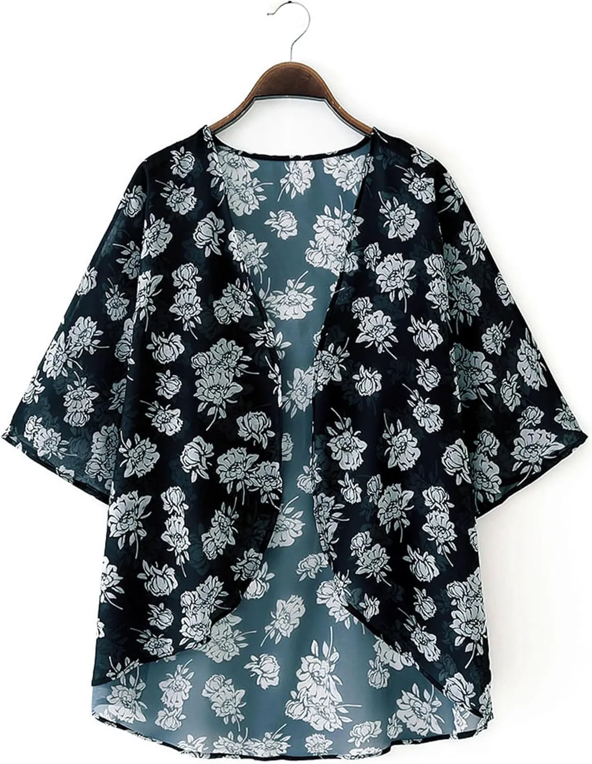 Chunoy Women Floral Print Lightweight Chiffon Kimono Cardigan Short Sleeve Loose Beach Wear Cover Up Blouse Top