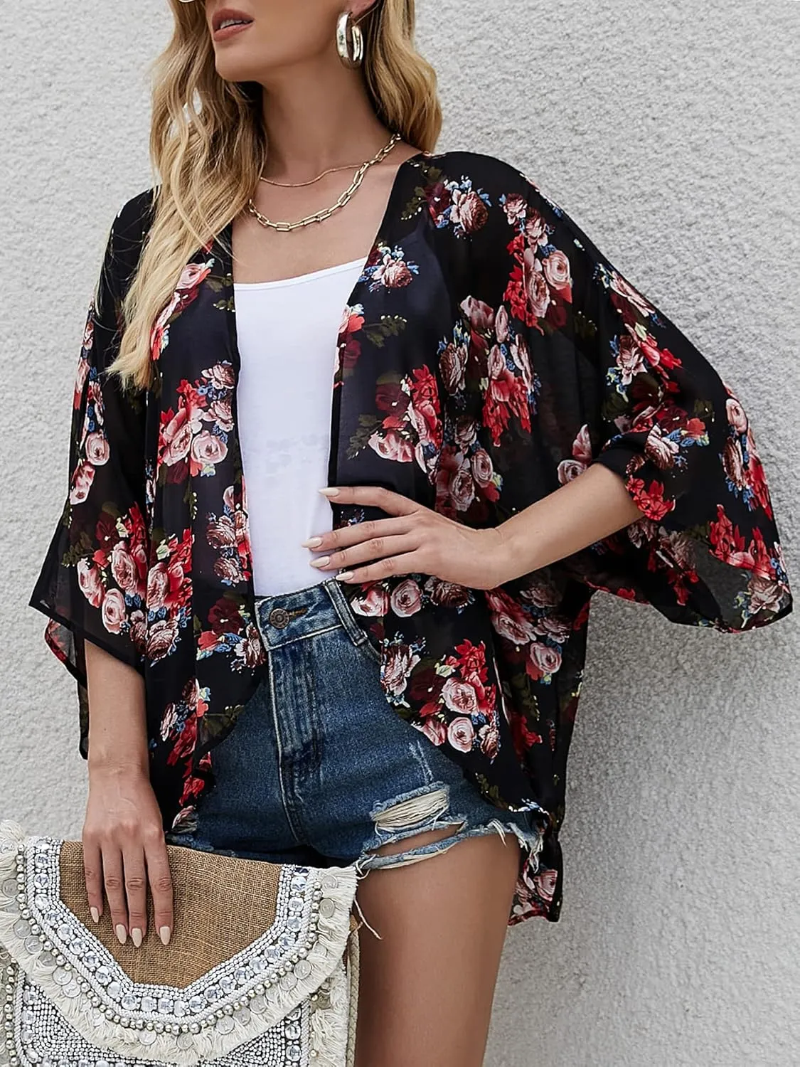 Chunoy Women Floral Print Lightweight Chiffon Kimono Cardigan Short Sleeve Loose Beach Wear Cover Up Blouse Top