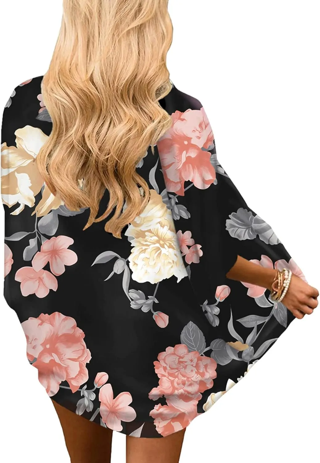 Chunoy Women Floral Print Lightweight Chiffon Kimono Cardigan Short Sleeve Loose Beach Wear Cover Up Blouse Top