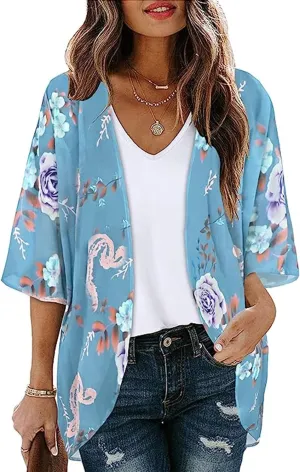 Chunoy Women Floral Print Lightweight Chiffon Kimono Cardigan Short Sleeve Loose Beach Wear Cover Up Blouse Top