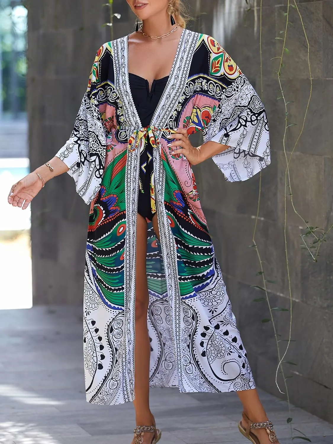 Chunoy Women Long Kimono Cardigan Open Front Bathing Suit Dress Lightweight Beach Cover Up