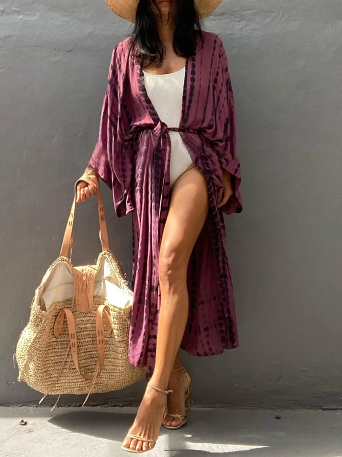 Chunoy Women Long Kimono Cardigan Open Front Bathing Suit Dress Lightweight Beach Cover Up