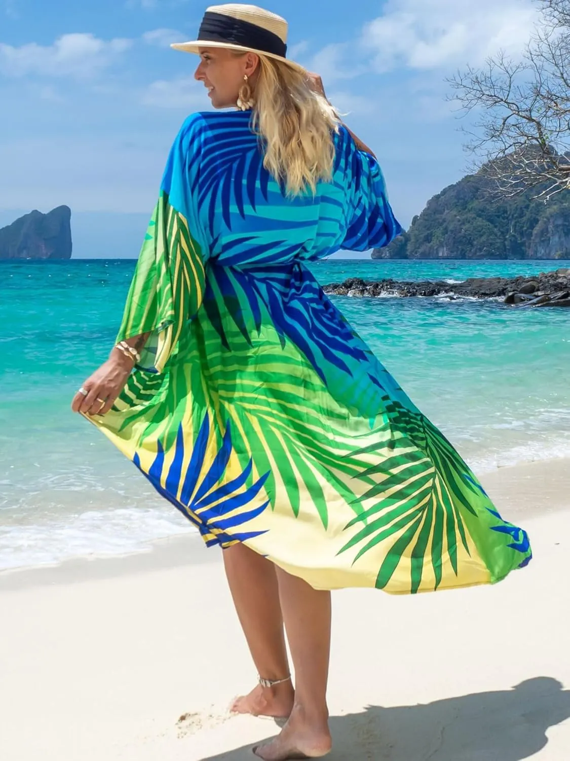 Chunoy Women Long Kimono Cardigan Open Front Bathing Suit Dress Lightweight Beach Cover Up