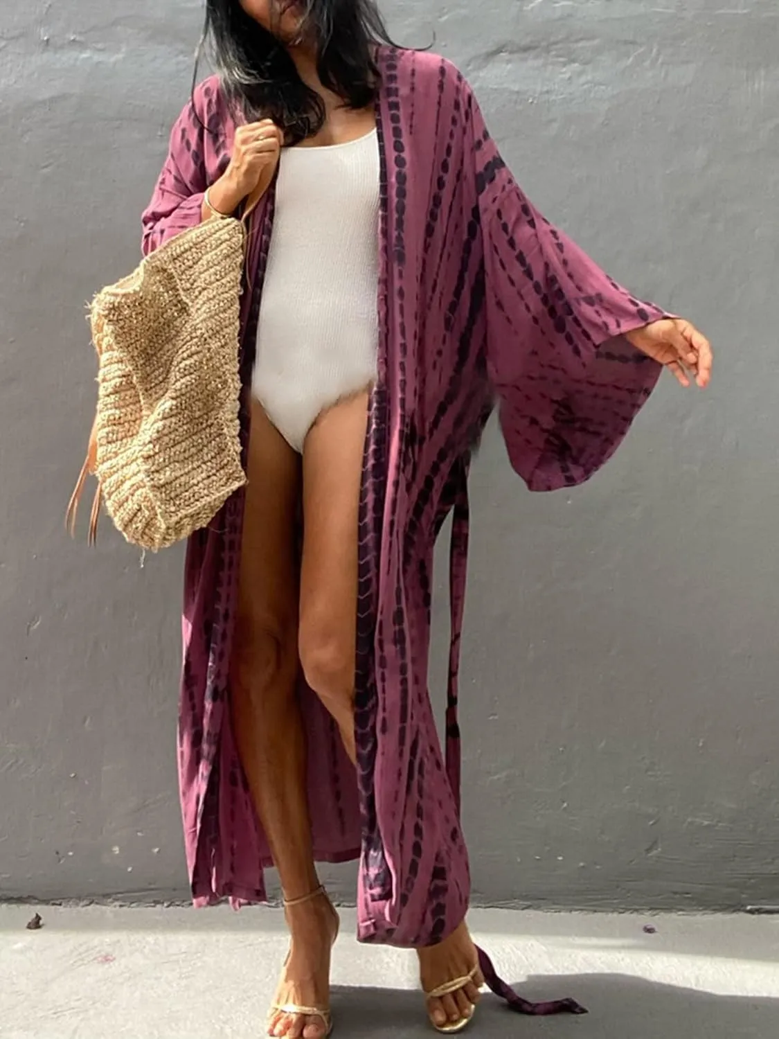 Chunoy Women Long Kimono Cardigan Open Front Bathing Suit Dress Lightweight Beach Cover Up