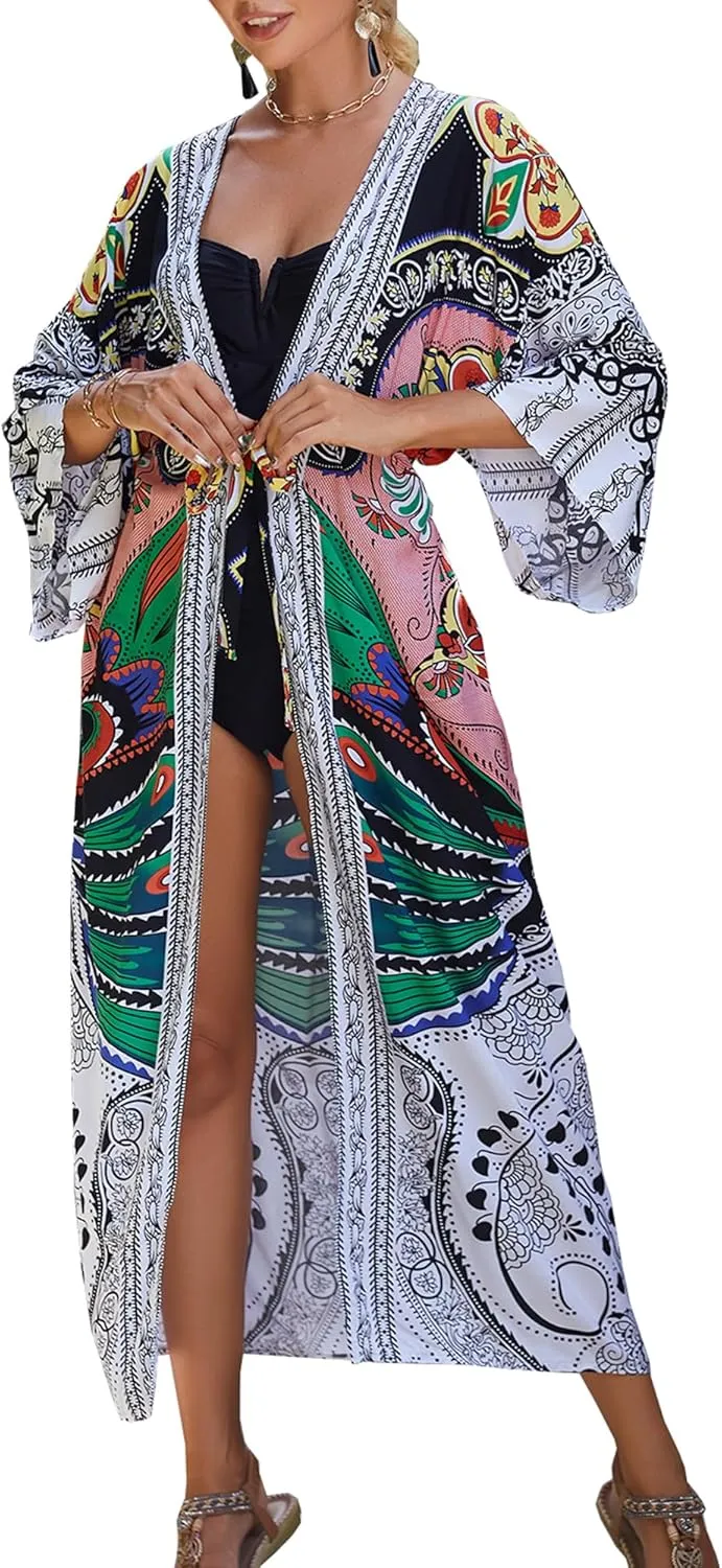 Chunoy Women Long Kimono Cardigan Open Front Bathing Suit Dress Lightweight Beach Cover Up