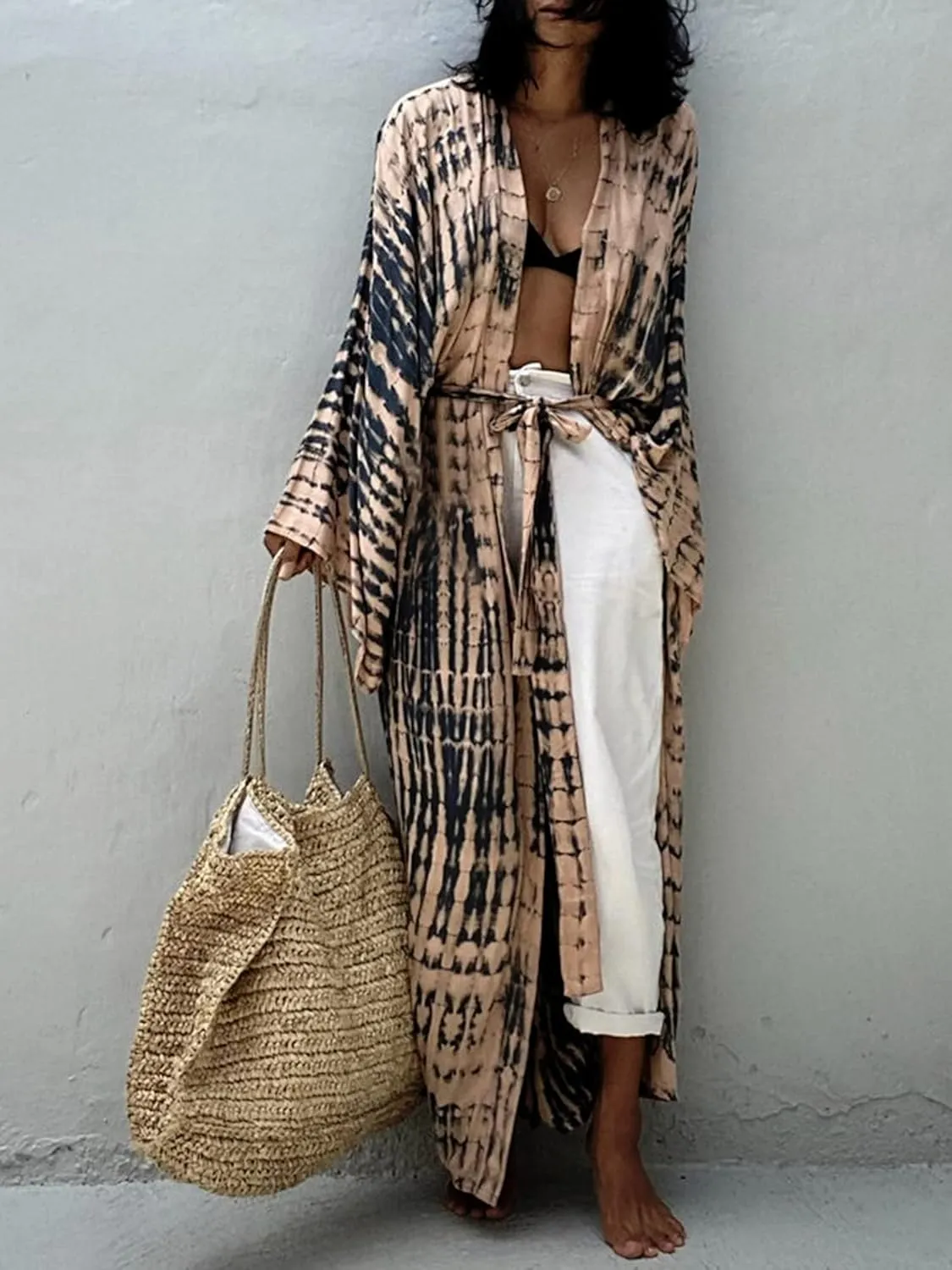Chunoy Women Long Kimono Cardigan Open Front Bathing Suit Dress Lightweight Beach Cover Up