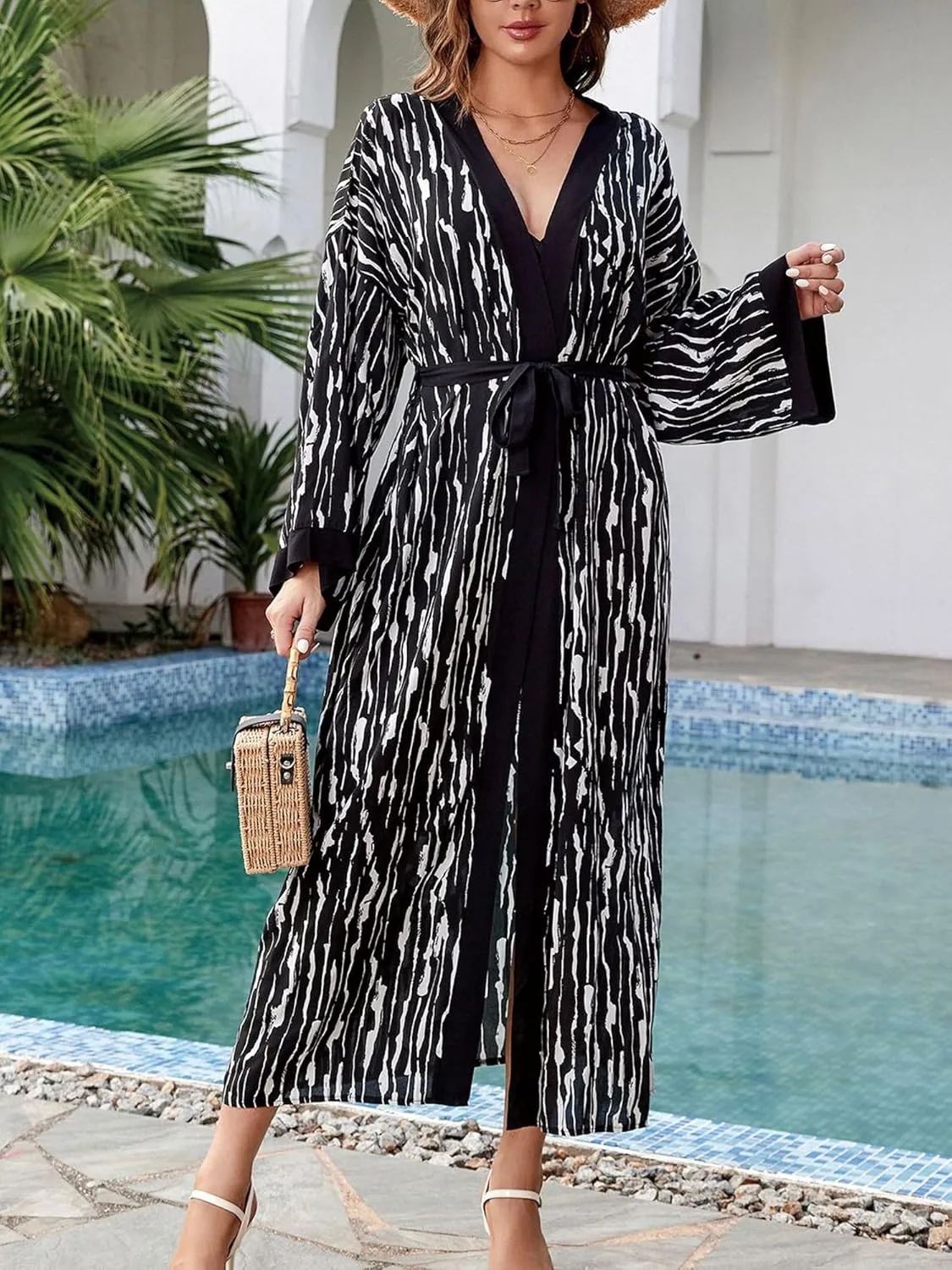 Chunoy Women Long Kimono Cardigan Open Front Bathing Suit Dress Lightweight Beach Cover Up