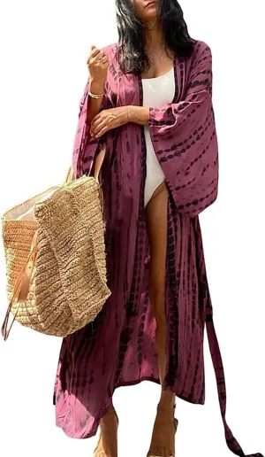 Chunoy Women Long Kimono Cardigan Open Front Bathing Suit Dress Lightweight Beach Cover Up