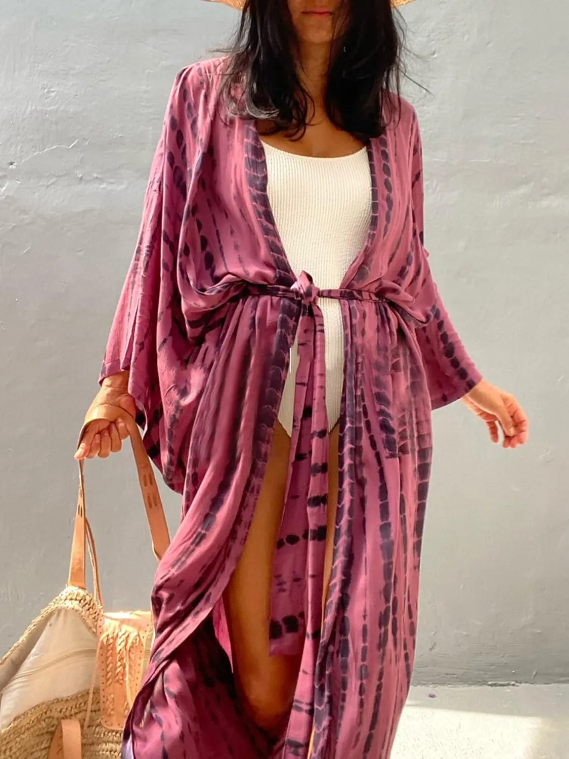 Chunoy Women Long Kimono Cardigan Open Front Bathing Suit Dress Lightweight Beach Cover Up