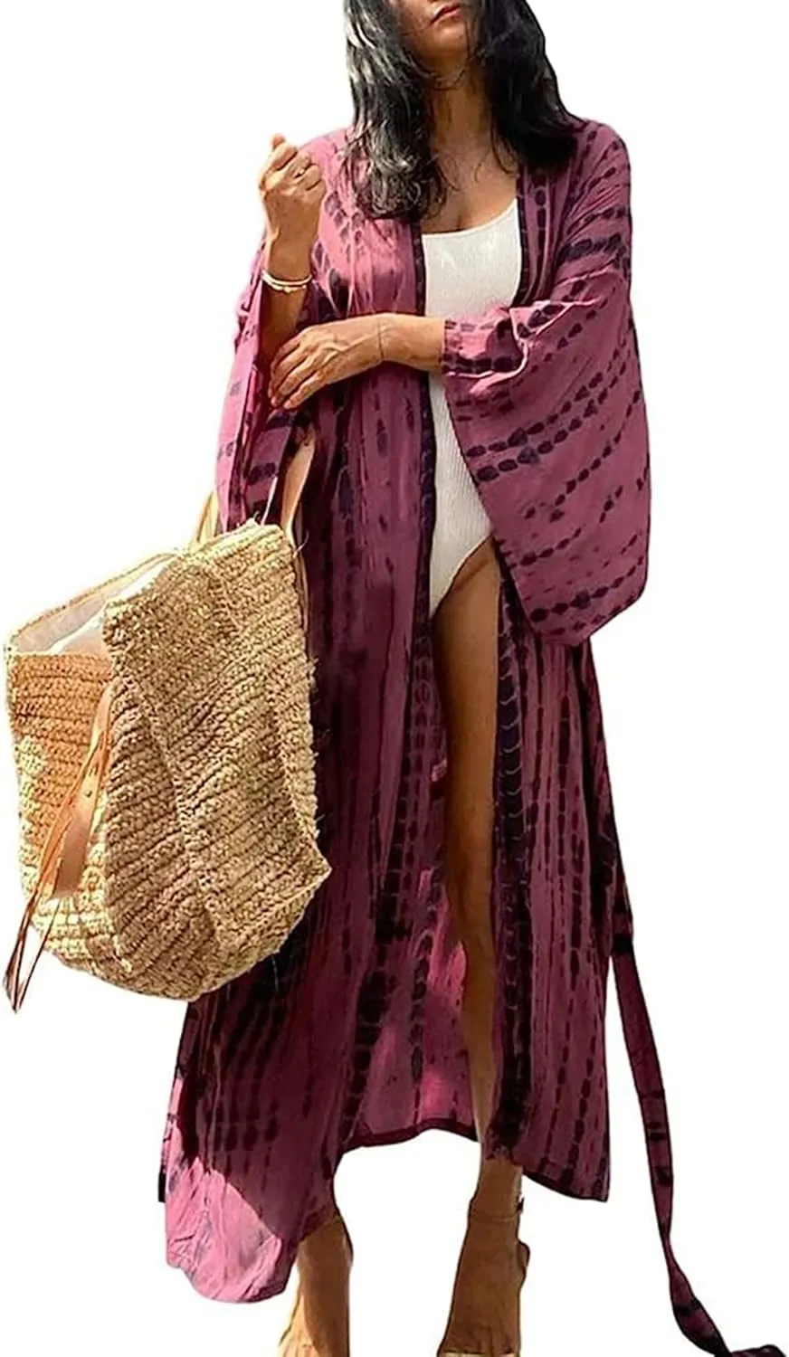 Chunoy Women Long Kimono Cardigan Open Front Bathing Suit Dress Lightweight Beach Cover Up