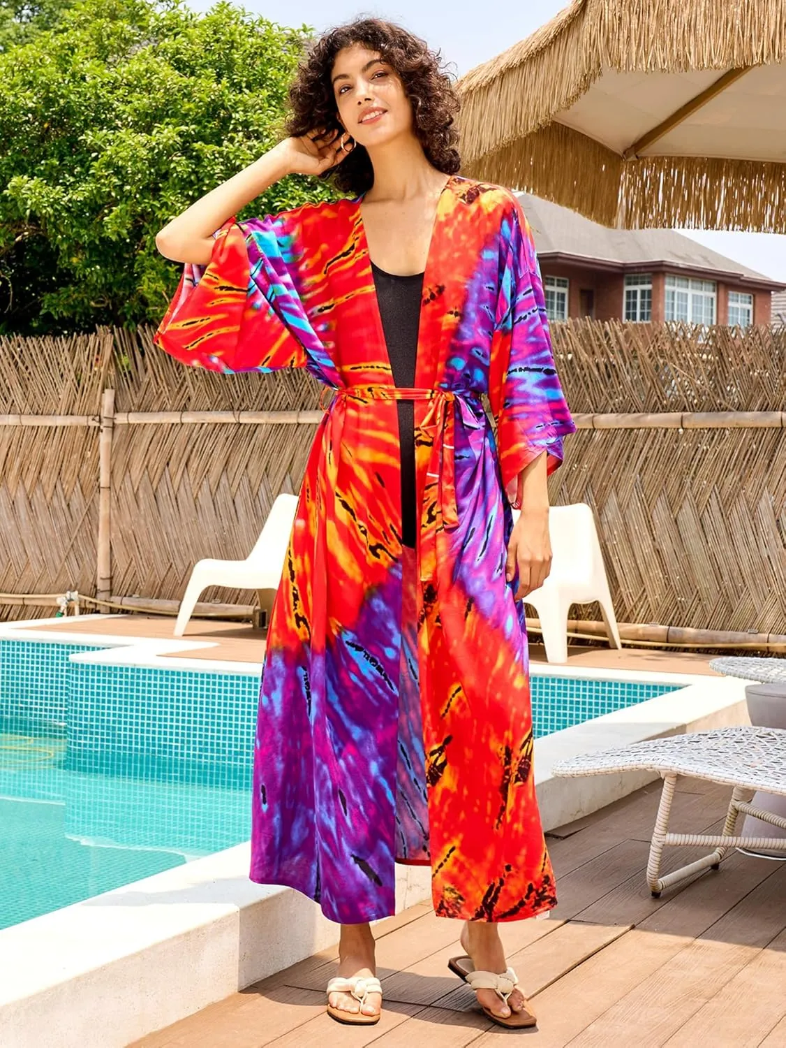 Chunoy Women Long Kimono Cardigan Open Front Bathing Suit Dress Lightweight Beach Cover Up