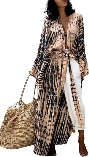 Chunoy Women Long Kimono Cardigan Open Front Bathing Suit Dress Lightweight Beach Cover Up