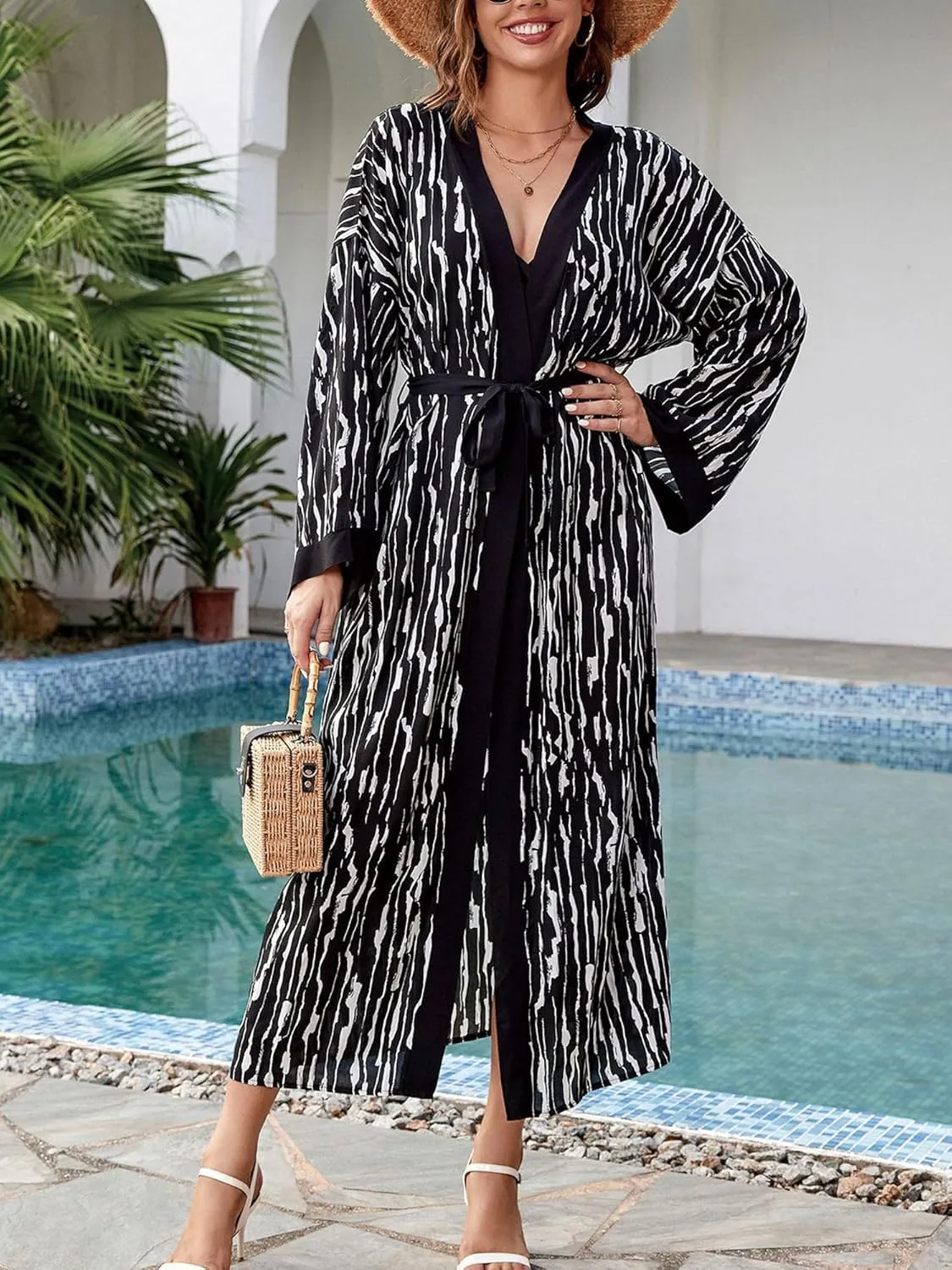 Chunoy Women Long Kimono Cardigan Open Front Bathing Suit Dress Lightweight Beach Cover Up