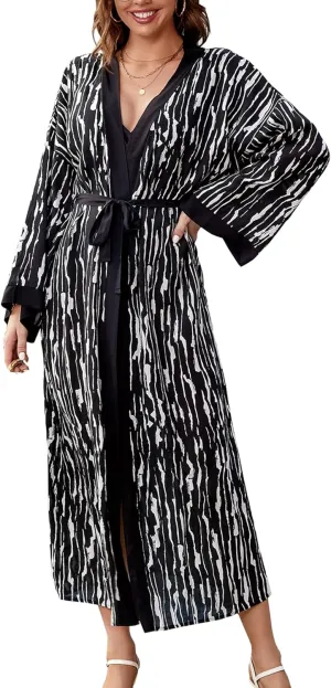 Chunoy Women Long Kimono Cardigan Open Front Bathing Suit Dress Lightweight Beach Cover Up