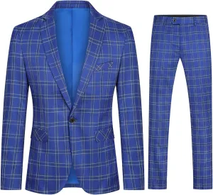 Cloudstyle Mens 2 PCS Plaid Suits Slim Formal Suit Checkered Blazer Jacket Pants