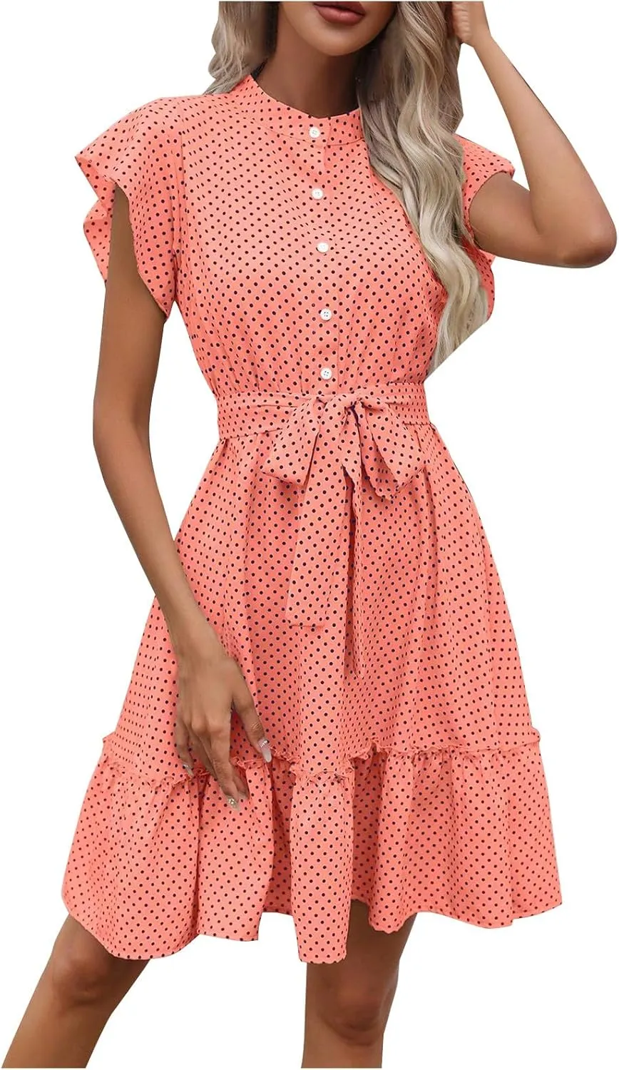 Cocktail Dresses for Women Polka Dot Cute Ruffle Short Sleeved Birthday Party Dress Women Summer A-Line Formal Dress