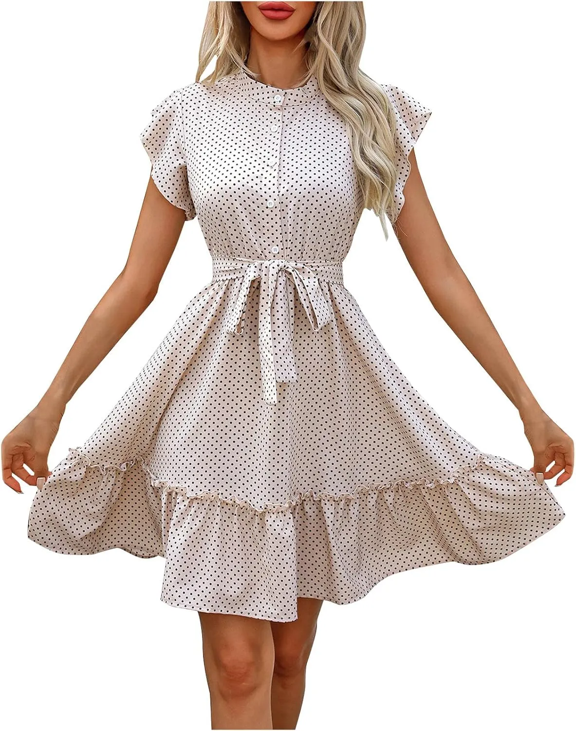 Cocktail Dresses for Women Polka Dot Cute Ruffle Short Sleeved Birthday Party Dress Women Summer A-Line Formal Dress