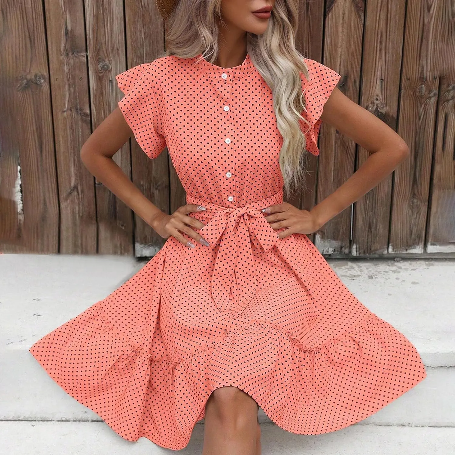 Cocktail Dresses for Women Polka Dot Cute Ruffle Short Sleeved Birthday Party Dress Women Summer A-Line Formal Dress