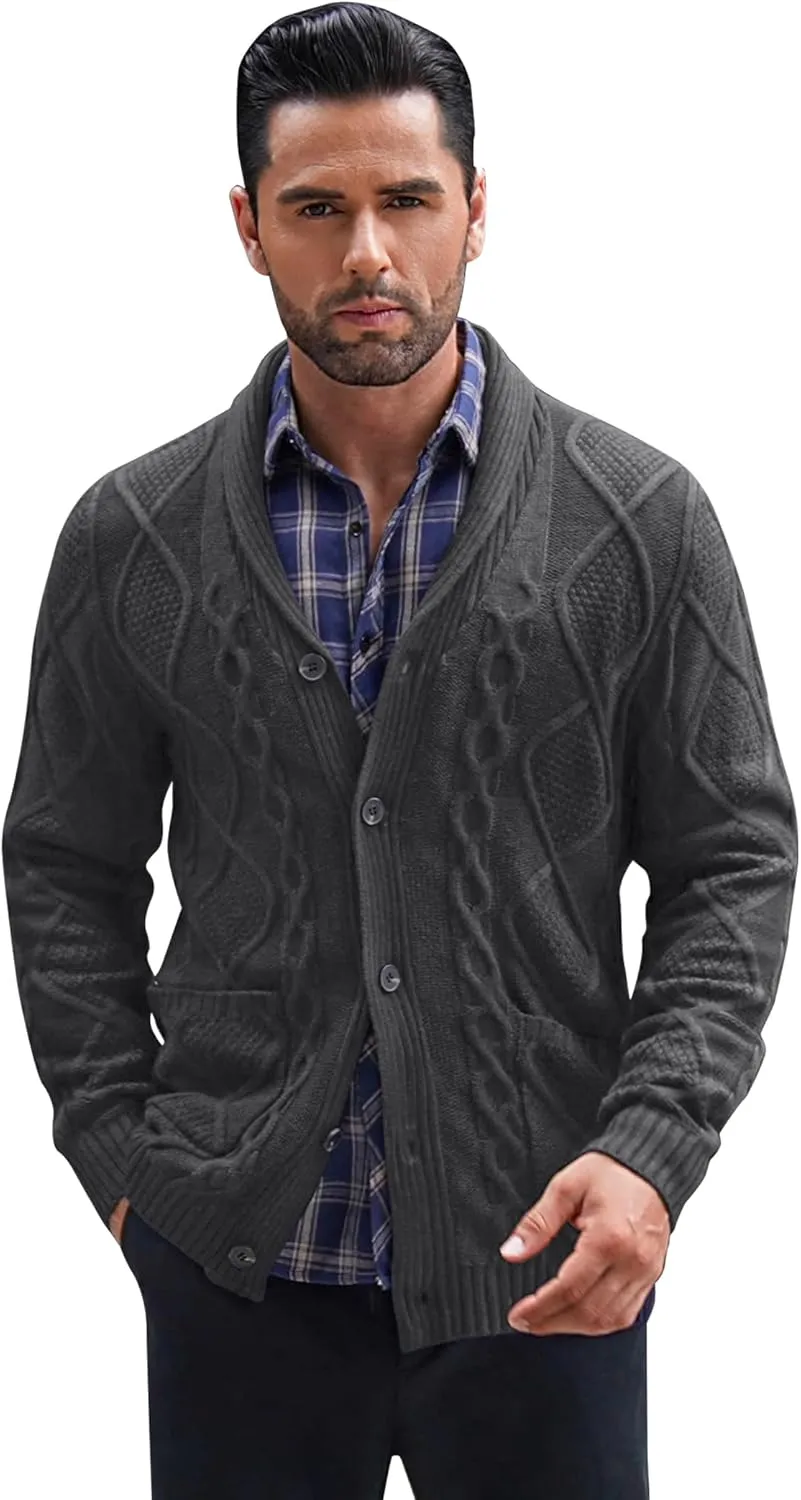 COOFANDY Mens Shawl Collar Cardigan Sweater Slim Fit Button Down Cable Knitted Sweater with Pockets